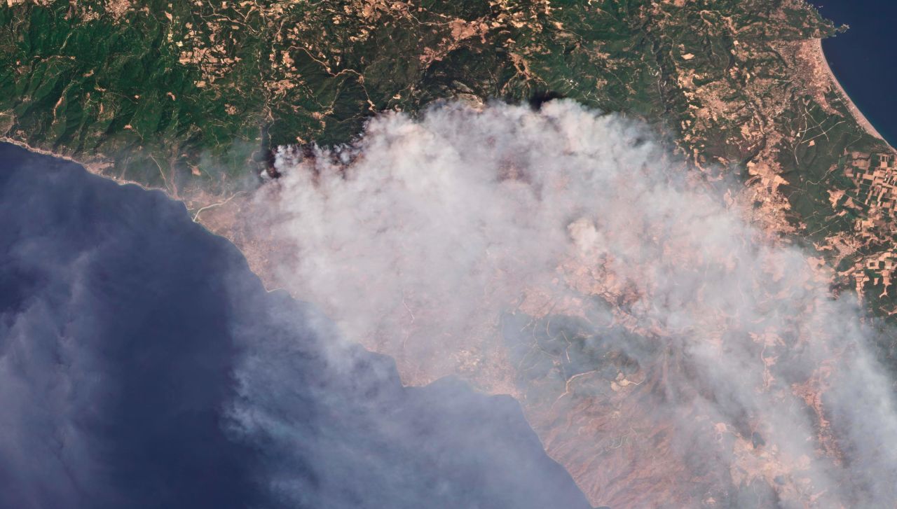A satellite photo shows smoke rising from fires on the island of Evia, Greece, on August 5.