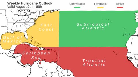 Areas in the Atlantic and Caribbean most likely to see tropical activity this time of year.
