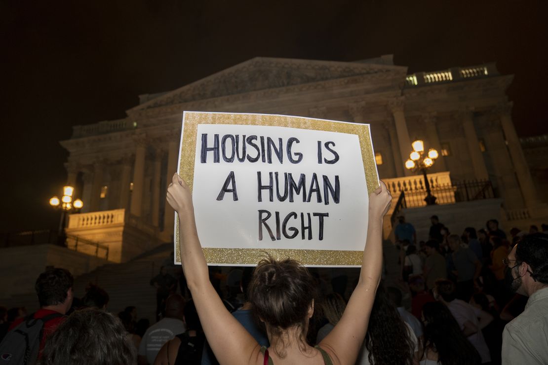 Demonstrators outside of the U.S. Capitol in Washington DC protest against the expiration of the federal eviction moratorium  on August 1, 2021.