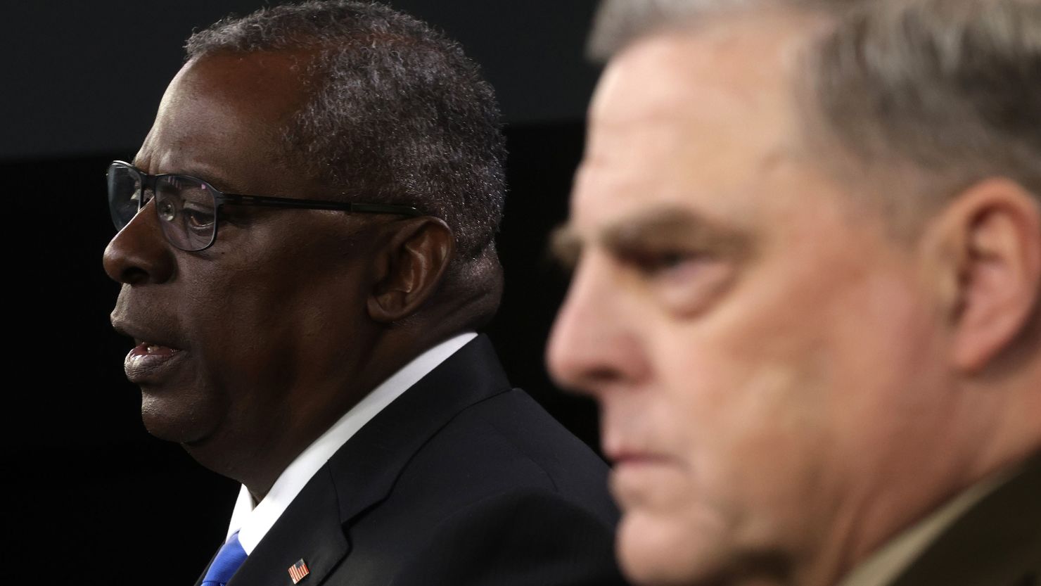 ARLINGTON, VIRGINIA - JULY 21:  U.S. Secretary of Defense Lloyd Austin (L) and Chairman of Joint Chiefs of Staff Gen. Mark Milley (R) participate in a news briefing at the Pentagon July 21, 2021 in Arlington, Virginia. 