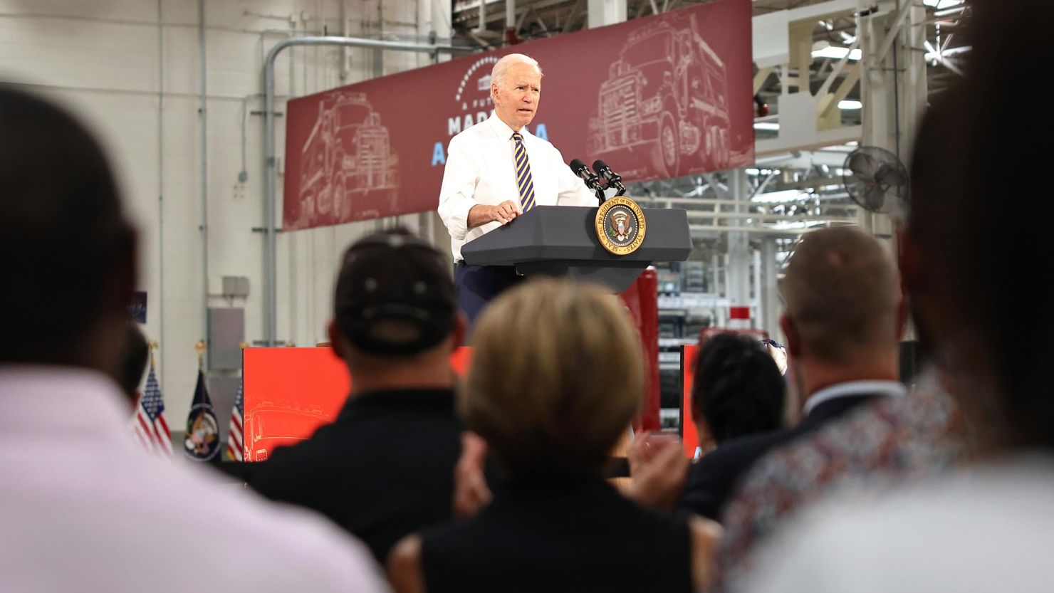 President Joe Biden speaks at Mack Truck Lehigh Valley Operations on July 28, 2021, in Macungie, Pennsylvania. 