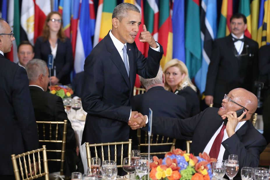 US President Barack Obama jokes with Zuma during a New York luncheon hosted by UN Secretary-General Ban Ki-moon in September 2015.