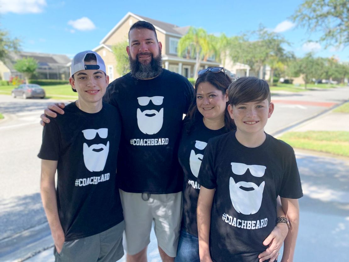 The Greear family wears their #CoachBeard T-shirts after Terry Greear beat the coronavirus.