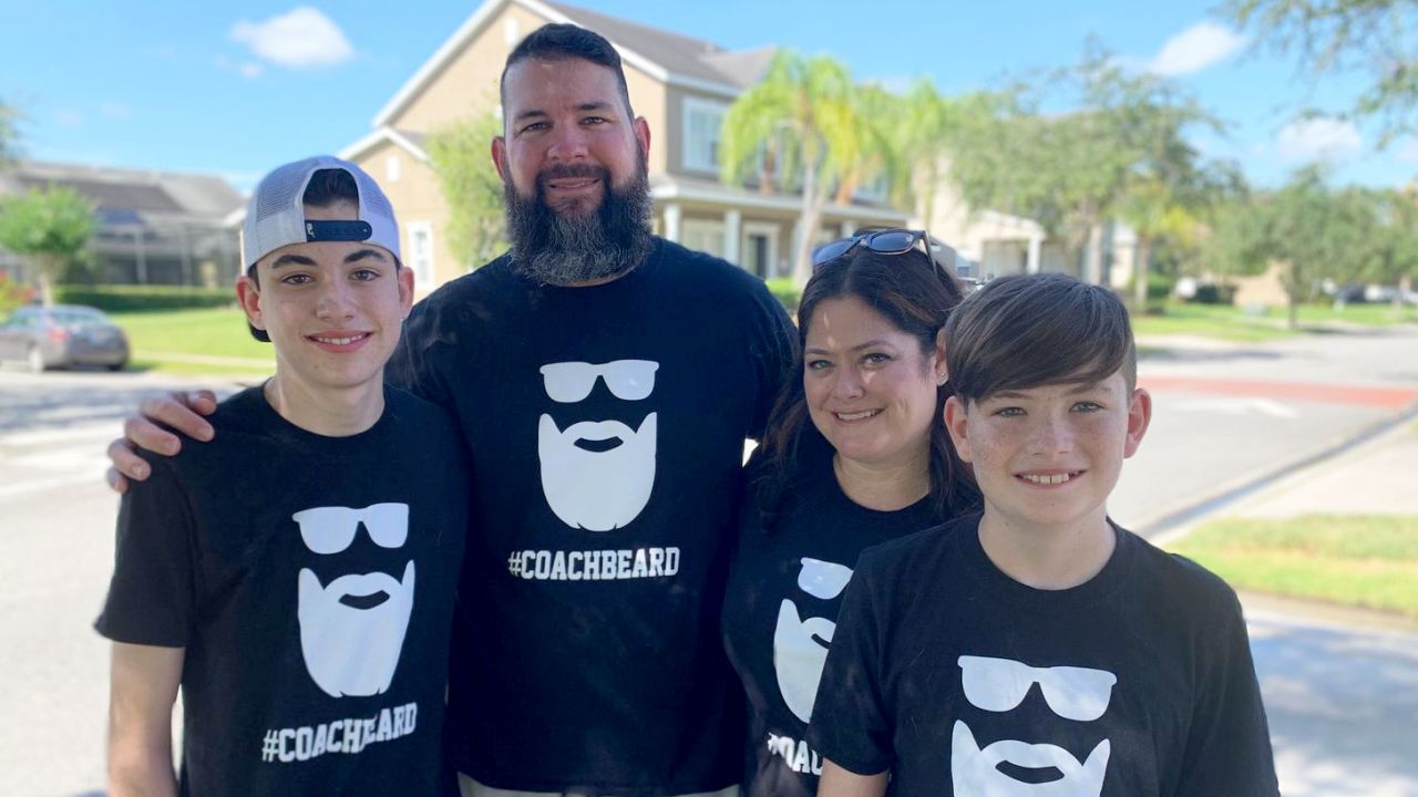 The Greear family wears their #CoachBeard T-shirts after Terry Greear beat the coronavirus.