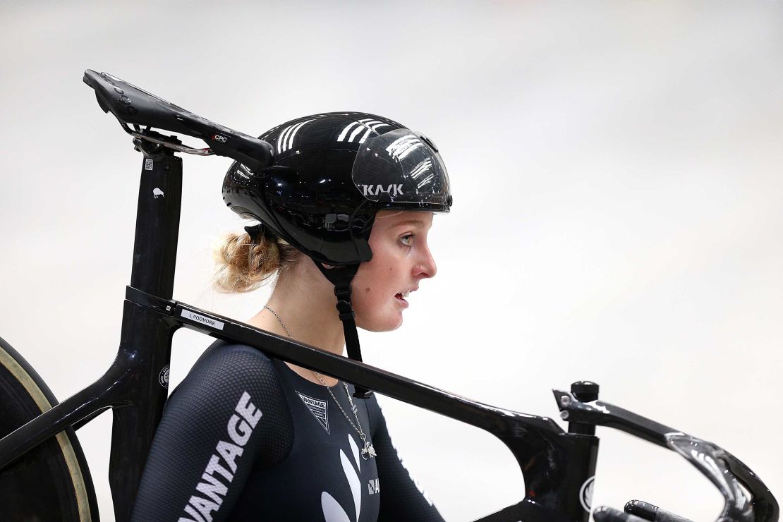 Podmore looks on after competing in the women's elite team sprint qualifying during the New Zealand Oceania Track Championships.