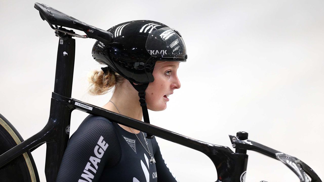 Podmore looks on after competing in the women's elite team sprint qualifying during the New Zealand Oceania Track Championships.
