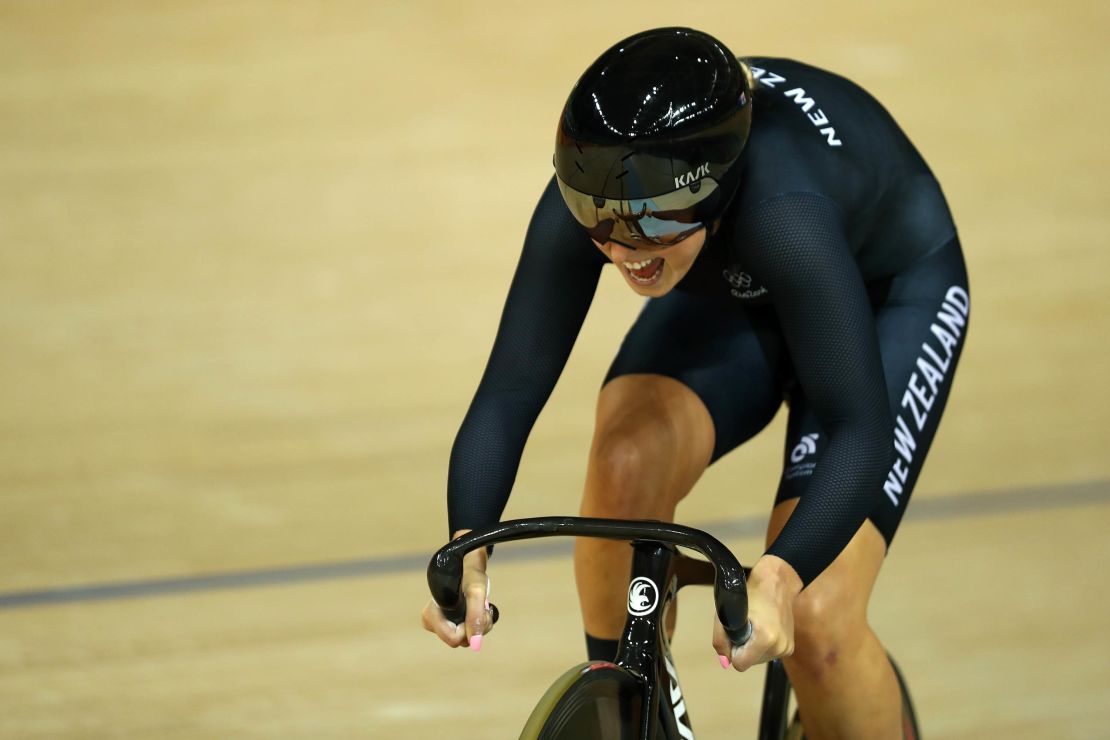 Podmore competes in the women's team sprint qualifying at  the Rio 2016 Olympic Games.