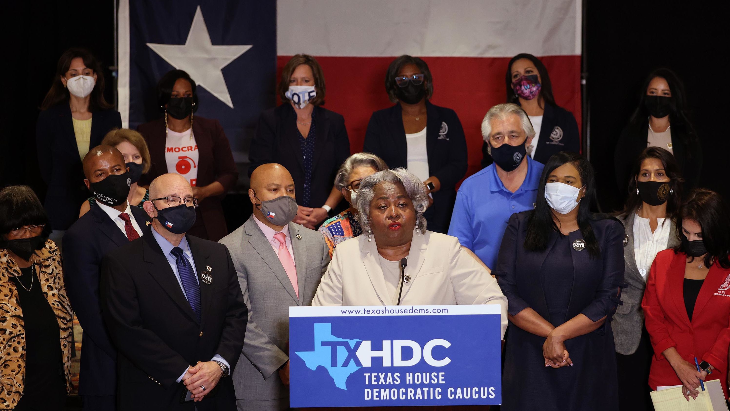 Texas State Rep. Barbara Gervin-Hawkins, joined by fellow Democratic Texas state representatives, speaks at a press conference on Texas Gov. Greg Abbott and the group's meetings with federal lawmakers on voting rights on July 20, 2021 in Washington, DC.
