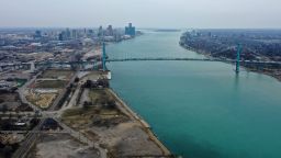 Aerial drone view of the Ambassador Bridge that connects Detroit and Windsor, Canada on March 18, 2020 in Detroit, Michigan. 