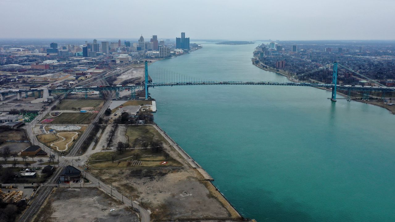 Aerial drone view of the Ambassador Bridge that connects Detroit and Windsor, Canada on March 18, 2020 in Detroit, Michigan. Communities like Detroit would be eligible for the grant. 