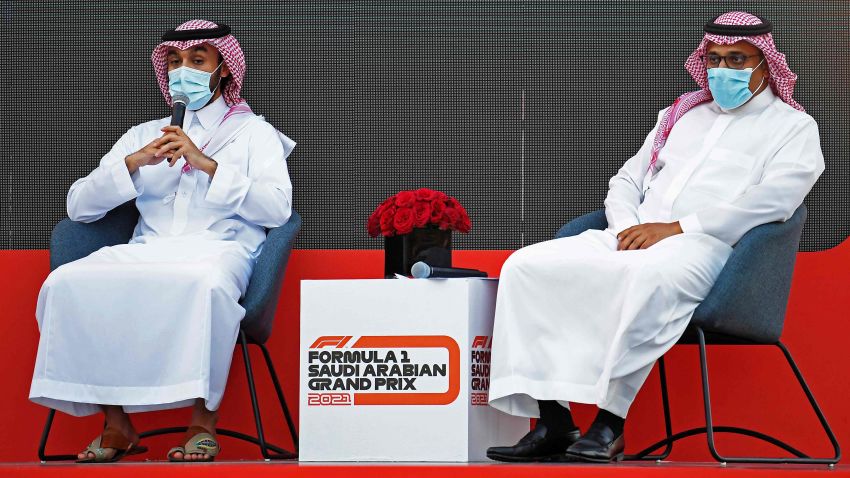 Saudi Sports Minister Prince Abdulaziz bin Turki (L) speaks as he is joined by the Khalid bin Sultan al-Faisal, Chairman of the Saudi Automobile and Motorcycle Federation, during a press conference to announce the Saudi Arabian Grand Prix as part of the 2021 F1 calendar, in the Red Sea coastal city of Jeddah on November 5, 2020. - Saudi Arabia said it will host a Formula One Grand Prix for the first time next year, with a night race in the Red Sea city of Jeddah. Saudi Arabia had been pencilled in for the 2021 season as part of a record 23-race Formula One programme, as the sport seeks to bounce back from a shortened 2020 season that has been disrupted by the coronavirus pandemic. (Photo by Amer HILABI / AFP) (Photo by AMER HILABI/AFP via Getty Images)