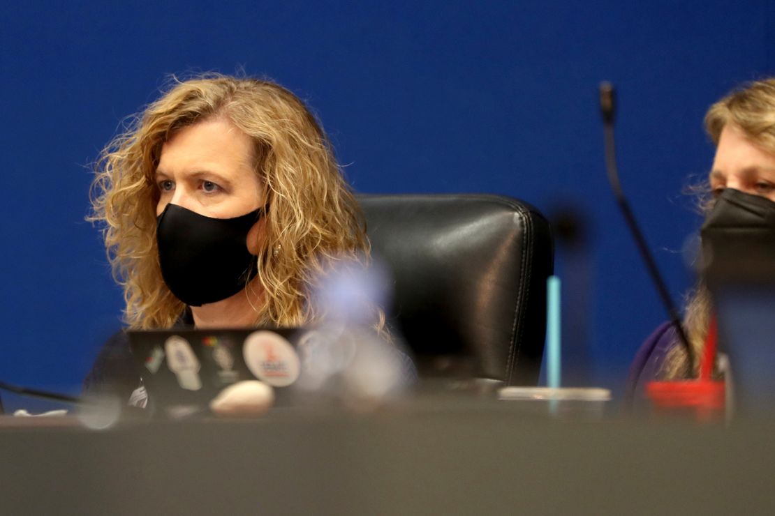 Broward County School Board interim superintendent Vickie Cartwright wears a mask as she listens to public comment during a Broward County School Board meeting on Tuesday.