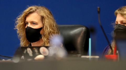 Broward County School Board interim superintendent Vickie Cartwright wears a mask as she listens to public comment during a Broward County School Board meeting on Tuesday.