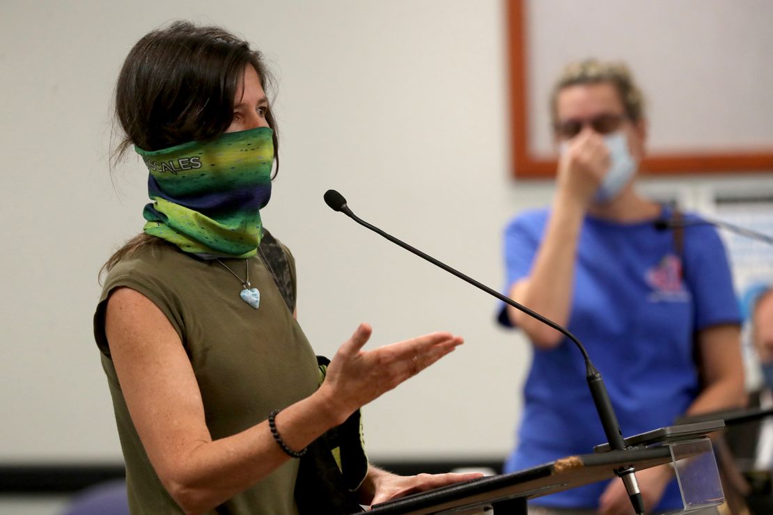 Kelly Doyle, whose son starts high school next week, advocates against masks in schools at a Broward County School Board meeting on Tuesday.