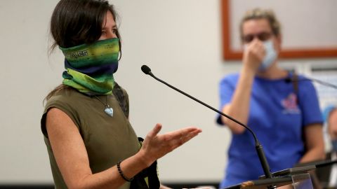 Kelly Doyle, whose son starts high school next week, advocates against masks in schools at a Broward County School Board meeting on Tuesday.