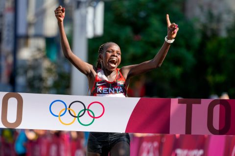 <strong>Peres Jepchirchir, Kenya:</strong> Kipchoge's fellow Kenyan took gold in the women's marathon with a time of <a href=