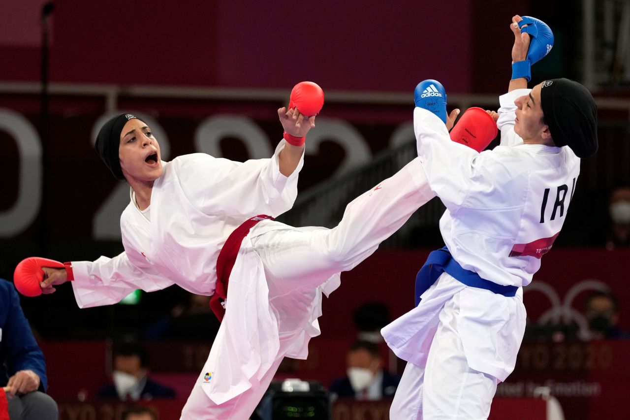 <strong>Feryal Abdelaziz, Egypt: </strong>In the women's +61kg karate kumite event, which made its debut at Tokyo 2020, Abdelaziz (left) became the first woman from Egypt to win a gold medal for her country.