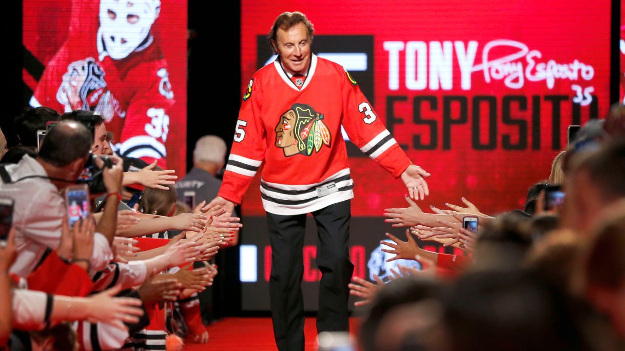Chicago Blackhawks great Tony Esposito is introduced to the fans during the Blackhawks' convention in Chicago on July 15, 2016. 