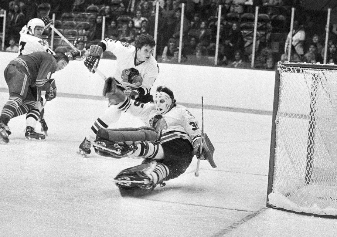 Chicago Blackhawks goalie Tony Esposito stops a Buffalo Sabres shot during a game in Chicago on December 19, 1973. 
