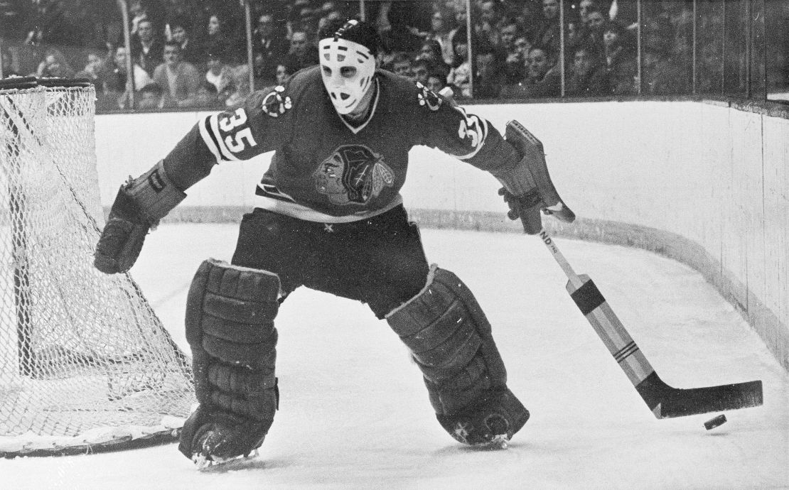 Chicago Blackhawks goalie Tony Esposito moves behind the net to stop the puck for a teammate during a game against the Toronto Maple Leafs in Chicago on January 25, 1970.