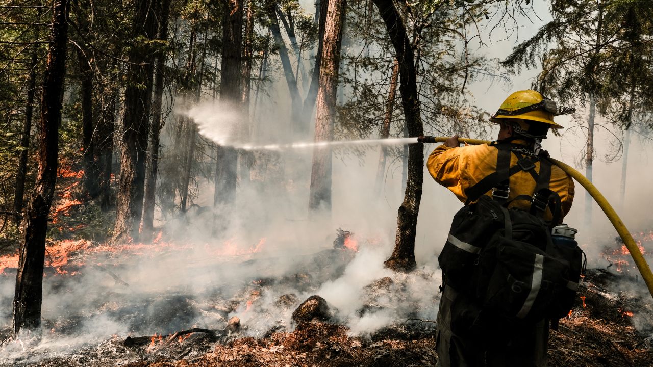 A firefighter works to extinguish a controlled burn, a preventative measure, to protect a home in Greenville, California, on August 9.