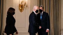 President Joe Biden and Vice President Kamala Harris with Special Presidential Envoy for Climate John Kerry in the State Dining Room of the White House on Jan. 27, 2021 in Washington, DC. 