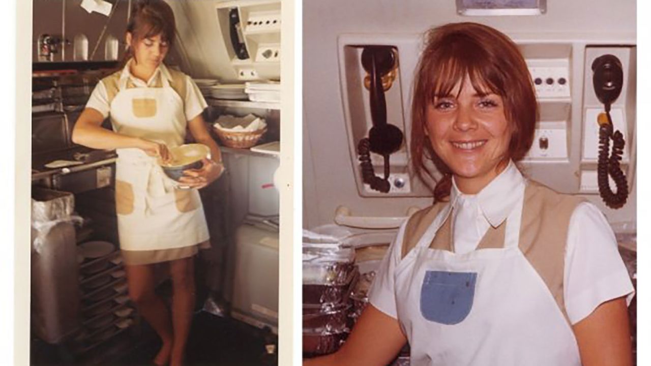 Pan Am flight attendant Susanne Malm, a colleague of Anne Sweeney, prepares scrambled eggs in the galley in-flight. 