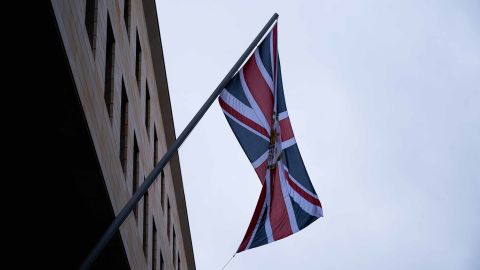 A Union Jack hangs at the British embassy in Berlin. An embassy worker is suspected of having passed documents onto Russian intelligence and was arrested on Wednesday.