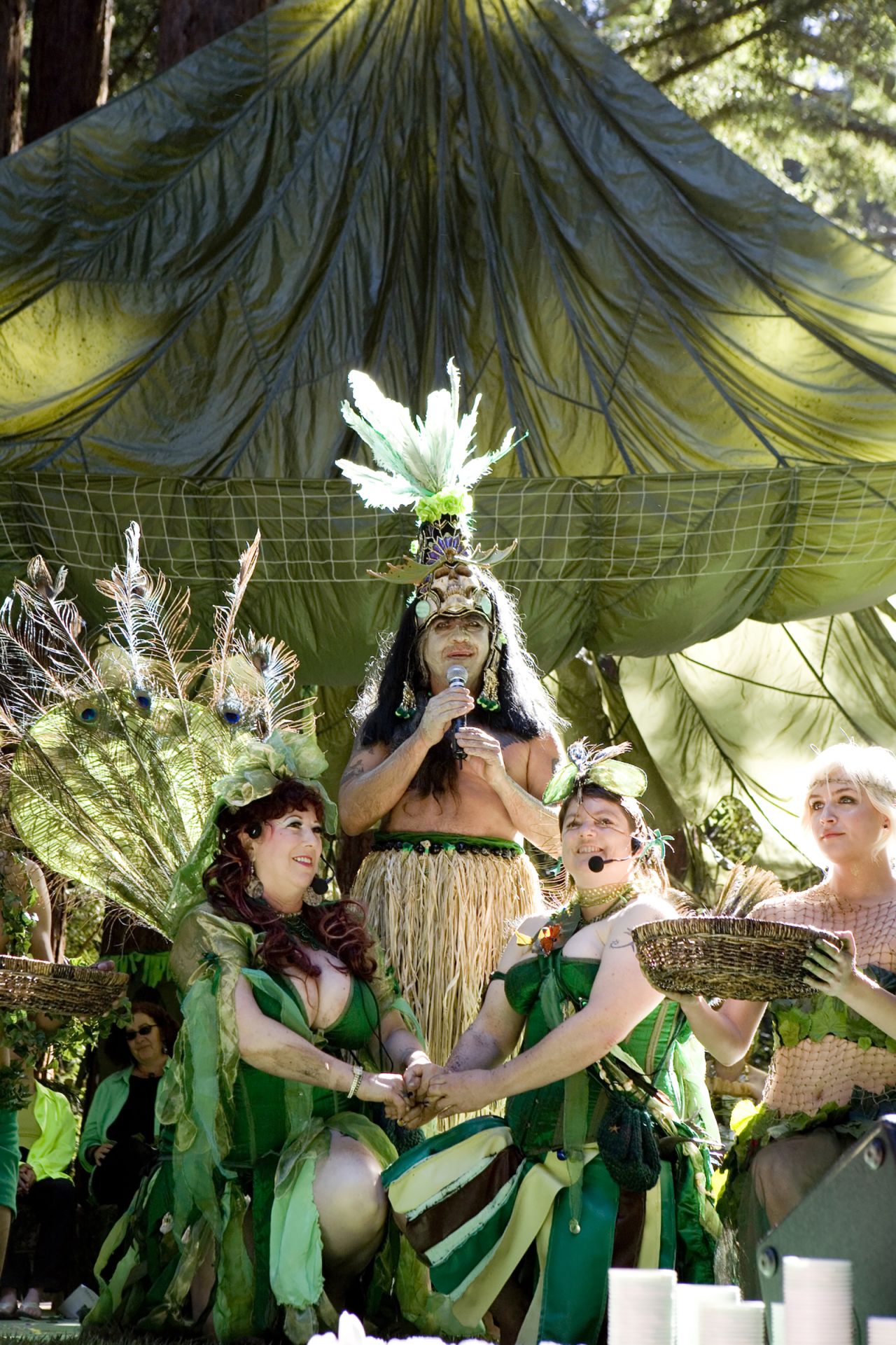 Performing as a high Aztec priest, artist Guillermo Gómez-Peña officiated the "Green Wedding" in 2008.