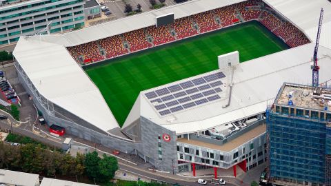 An aerial view of Brentford Community Stadium in west London taken on Friday July 9, 2021. Brentford plays Arsenal in its opening Premier League match of the season.