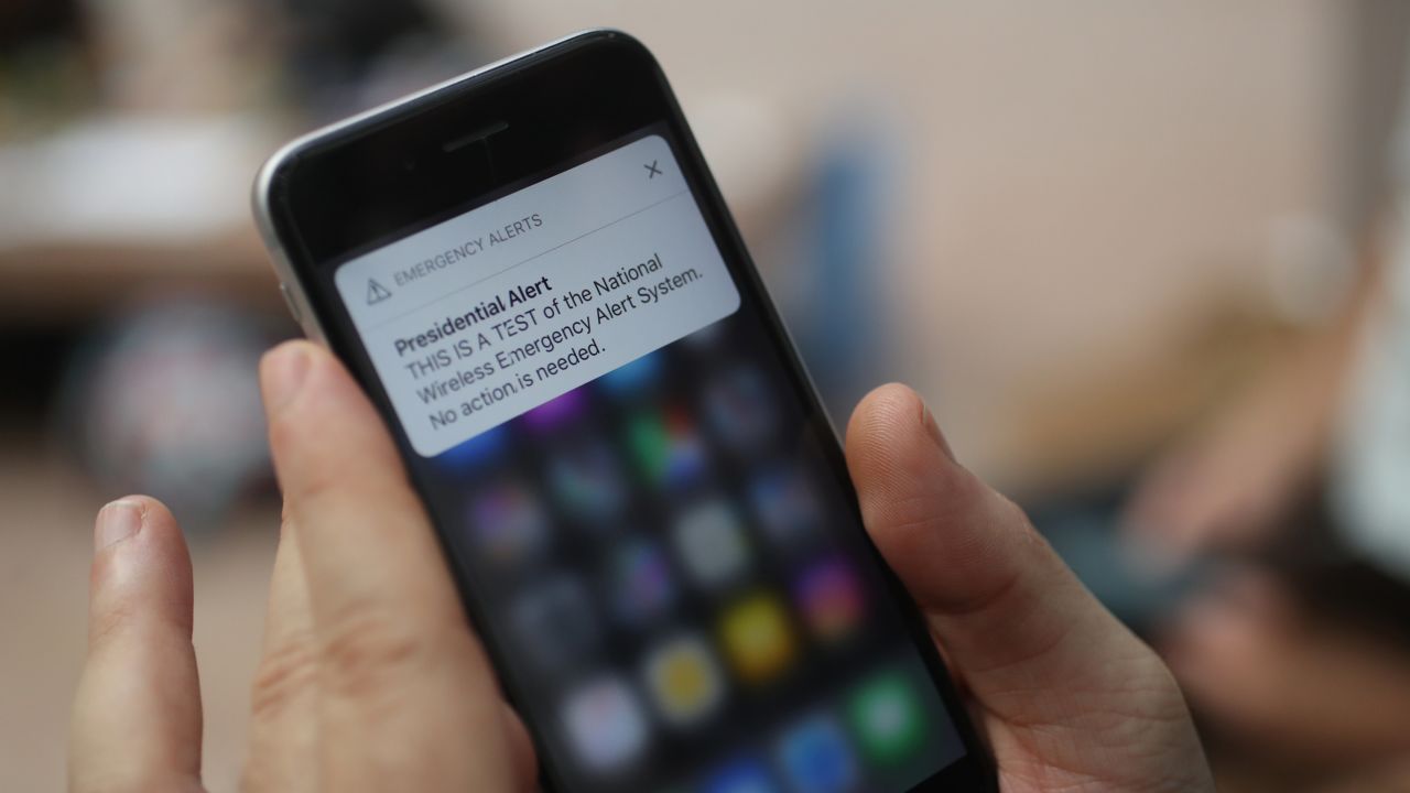 A test of the wireless emergency alert system is displayed on an iPhone.