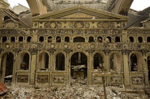 Remains of an 18th-century Orthodox church are seen on August 10, after a fire on the Greek island of Evia.