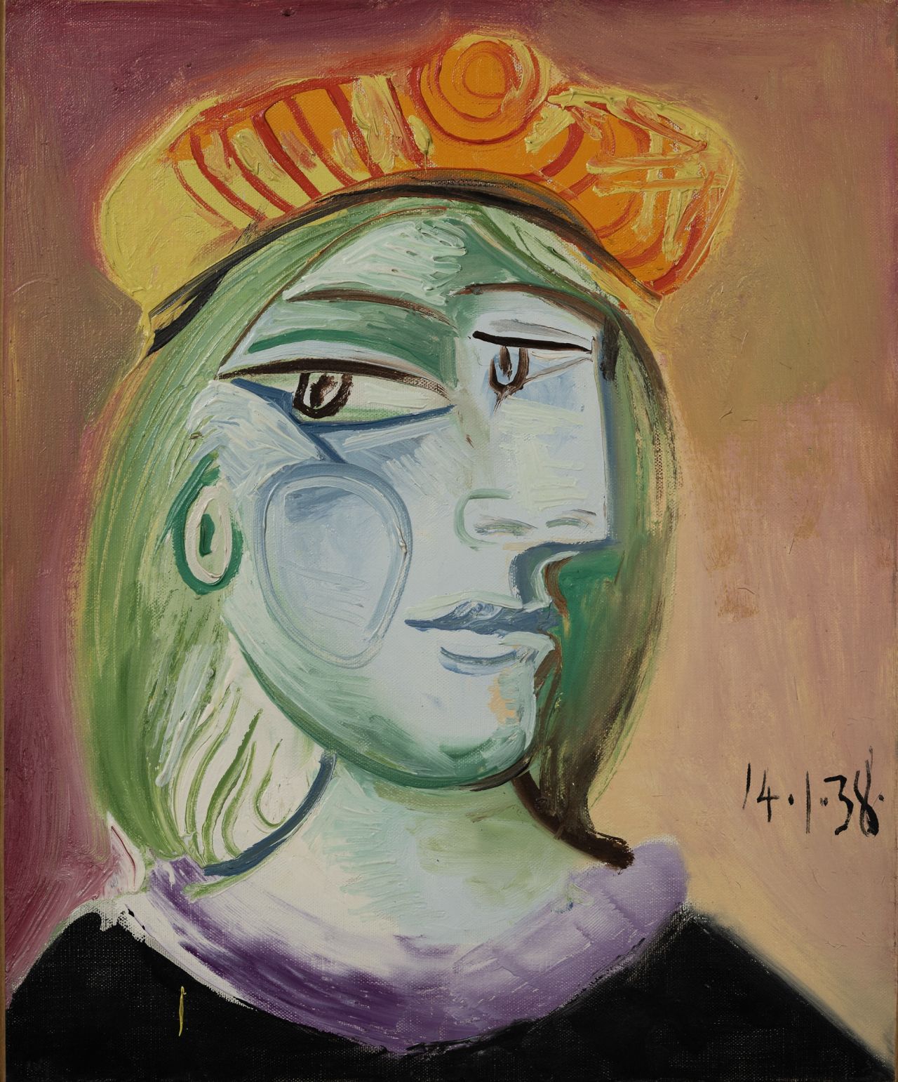 Picasso's "Femme au béret rouge-orange" depicts the model Marie-Thérèse Walter. They began an affair in the late 1920s and had a child together.