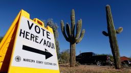 A Maricopa County Elections Department sign directs voters to a polling station on November 8, 2016 in Cave Creek, Arizona.