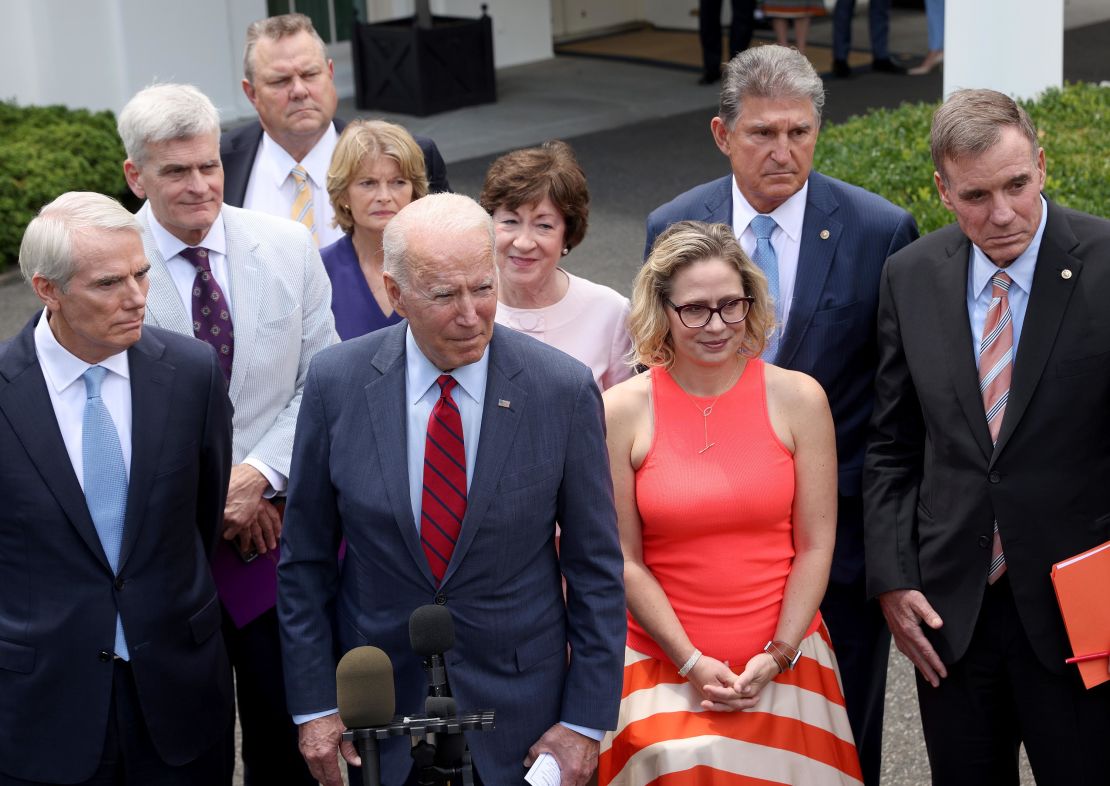 President Joe Biden speaks outside the White House with a bipartisan group of senators after meeting on an infrastructure deal in June.