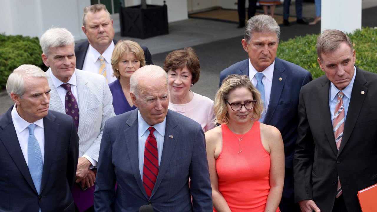 President Joe Biden speaks outside the White House with a bipartisan group of senators after meeting on an infrastructure deal in June.