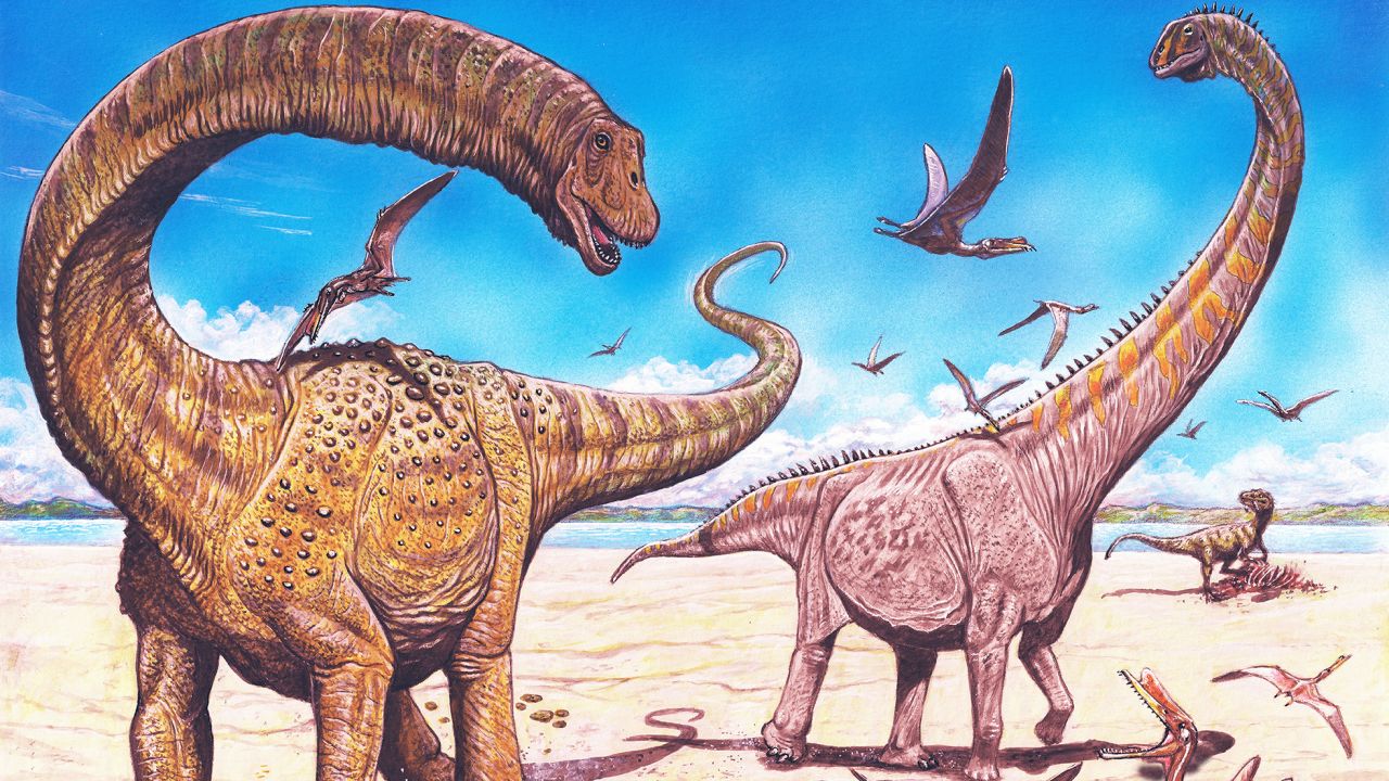 Hamititan xinjiangensis (left) and Silutitan sinensis (right), depicted in an artist's illustration.
