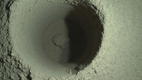 This image shows the first borehole drilled on Mars by the Perseverance rover.