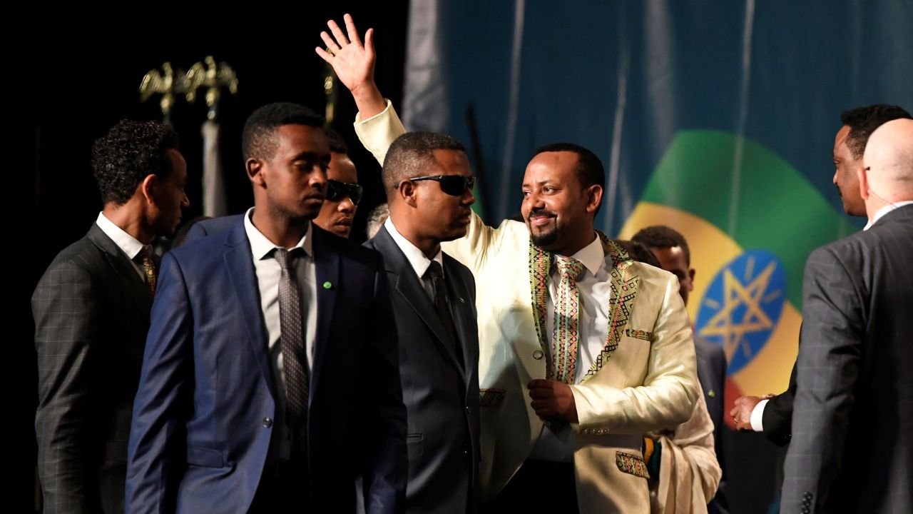 Prime Minister Abiy Ahmed waves to the Ethiopian diaspora assembled at an event in Washington, DC, in July 2018.