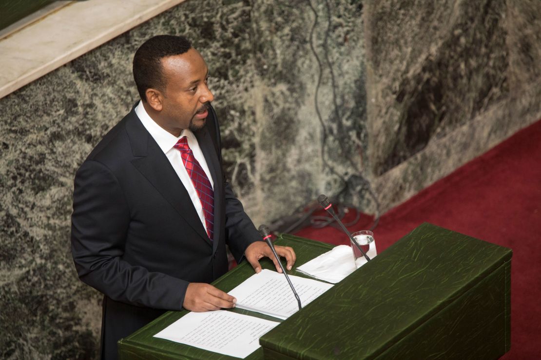 Abiy addresses the nation's parliament in Addis Ababa after his swearing in ceremony in April 2018. 