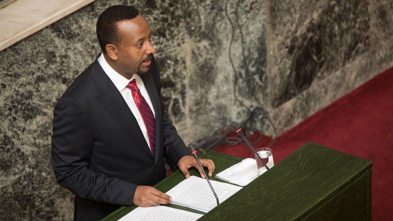 Abiy addresses the nation's parliament in Addis Ababa after his swearing in ceremony in April 2018. 