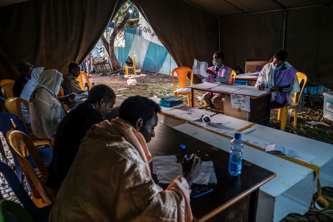 Electoral officials count ballots at a polling station in the city of Bahir Dar, Ethiopia, in June. 
