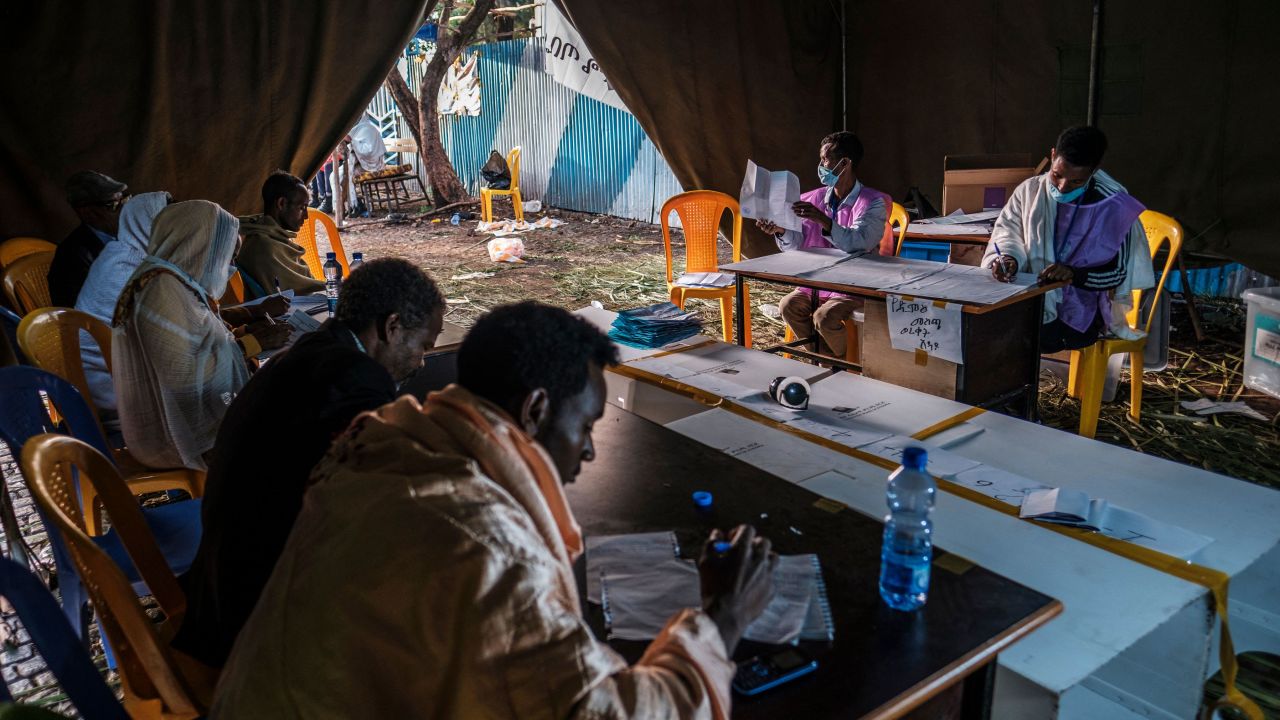 Electoral officials count ballots at a polling station in the city of Bahir Dar, Ethiopia, in June. 