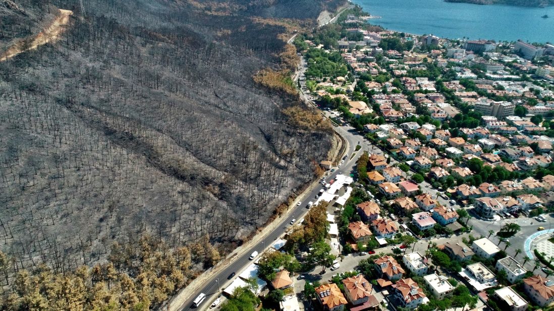 This aerial photo shows a wildfire-affected area in Mugla, Turkey, on August 11.