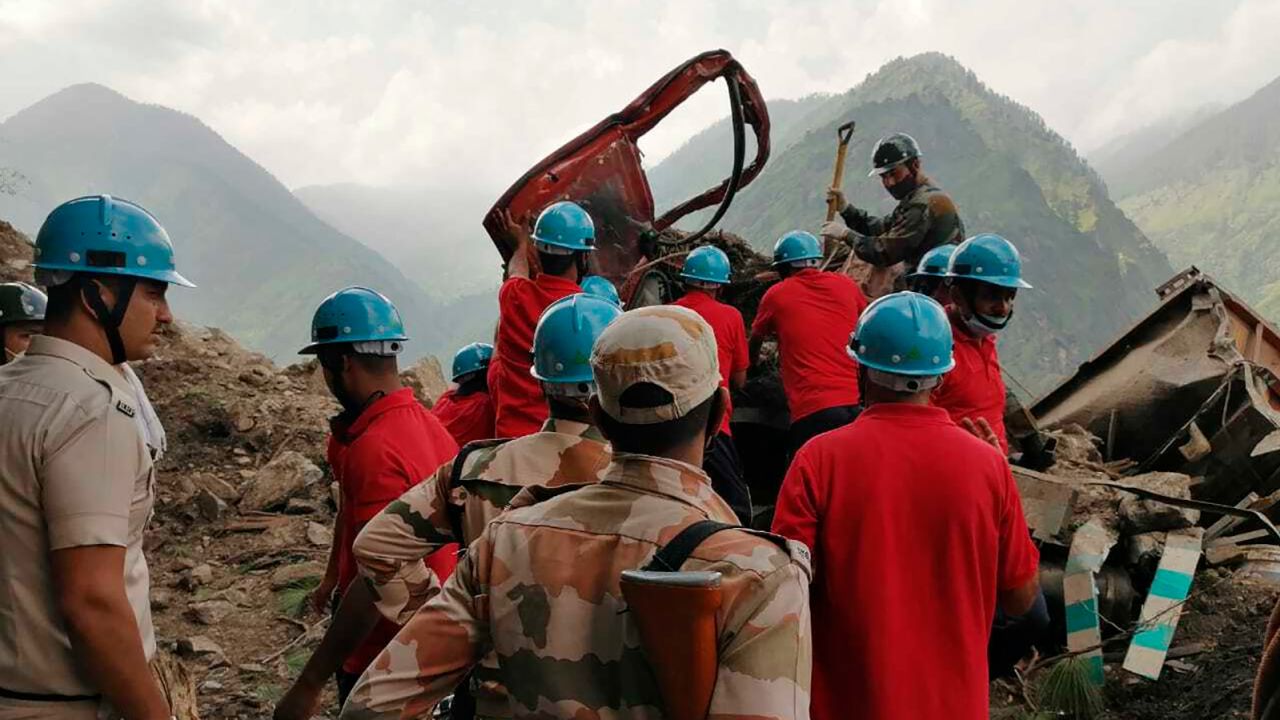 A rescue operation at the site of a landslide in Kinnaur district in the northern Indian state of Himachal Pradesh on August 11.