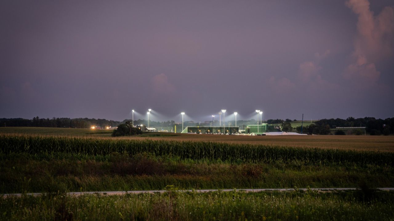 The new stadium illuminated on Wednesday night before the game.