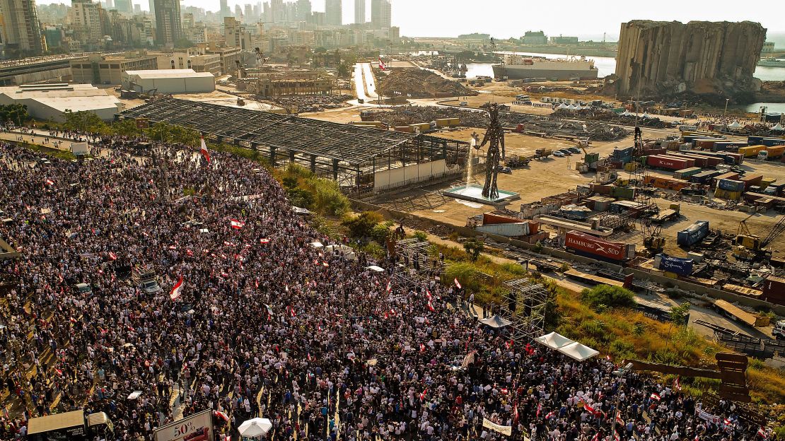 An aerial view of demonstrators gathered on August 4, 2021 -- the first anniversary of the blast that ravaged Beirut's port.