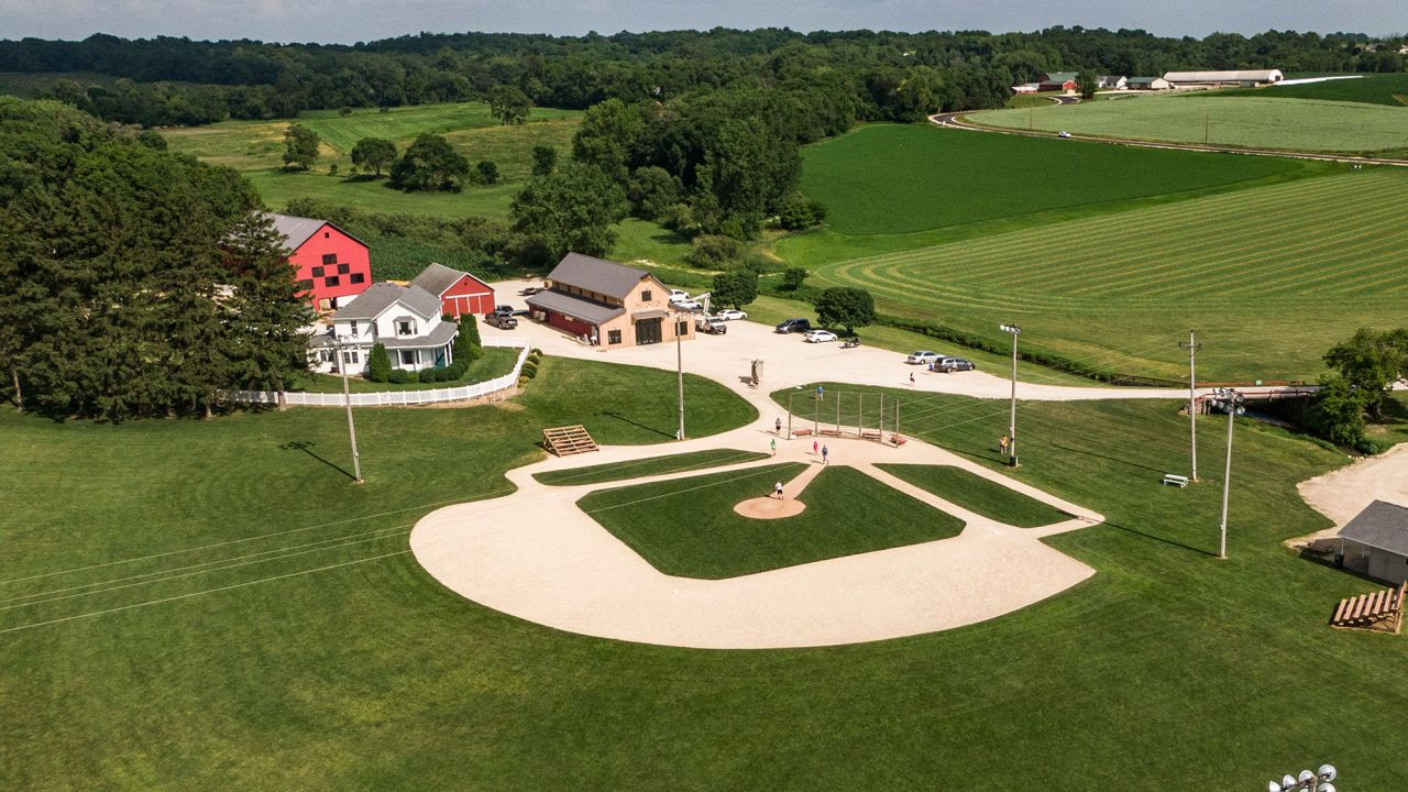An aerial photo taken with a drone shows the baseball field at the Field of Dreams movie site in Dyersville, Iowa.