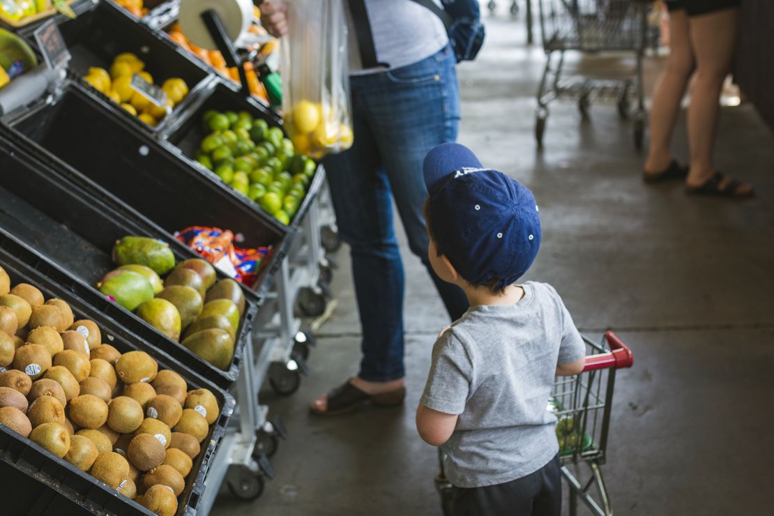 A toddler pushes a small shopping cart while walking with his mother at a farmers market.