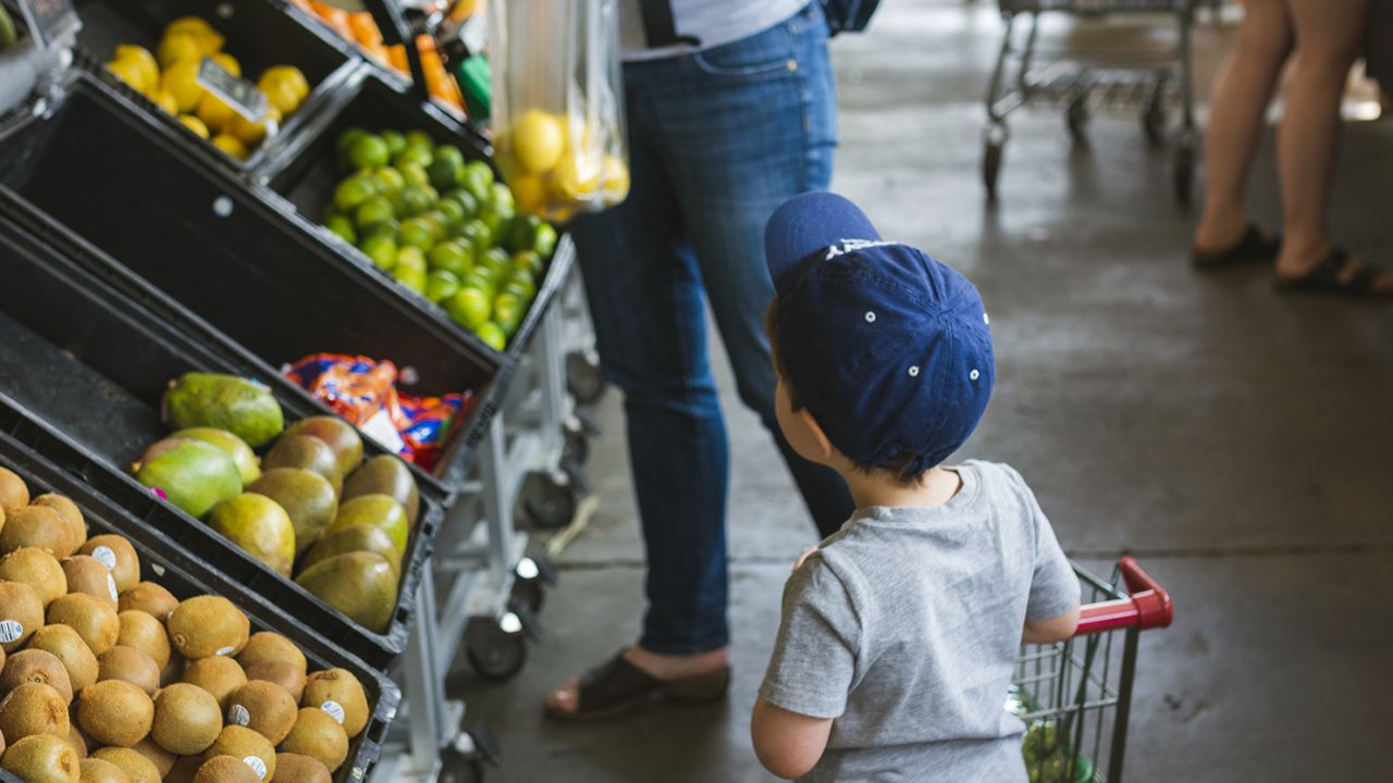 A toddler pushes a small shopping cart while walking with his mother at a farmers market.